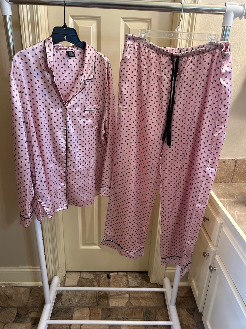 Pink with black squares womens Pajama Set - Soft Long Sleeve Top & Pants